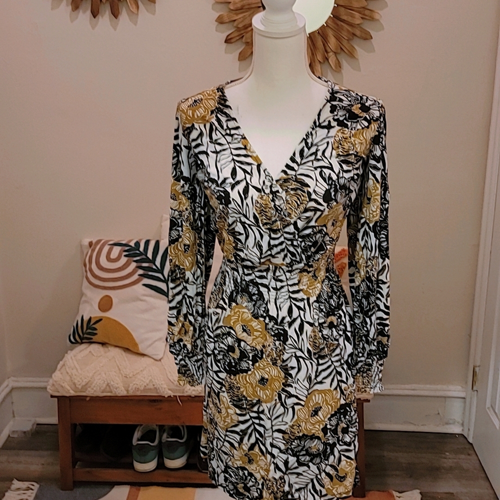 Floral Wrap Dress - Black, White, Gold